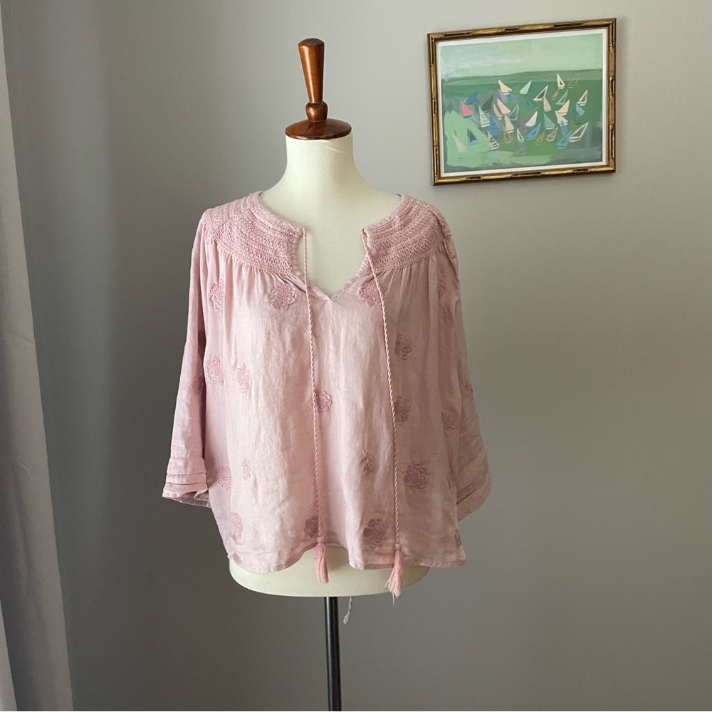 Magaschoni Women’s Linen Blouse size Medium Blush 100% Linen embroidered